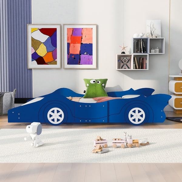slide 2 of 30, Full Size Race Car Bed Wooden Platform Bed with Wheels and Rails Blue - Full