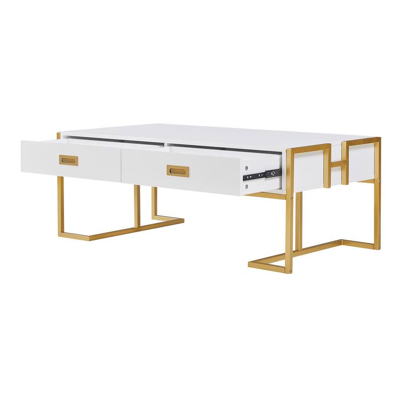 Luxury Coffee Table, Rectangular Center Table for Living Room, Modern Large Coffee Tables with 2 Storage Drawers & Gold Leg