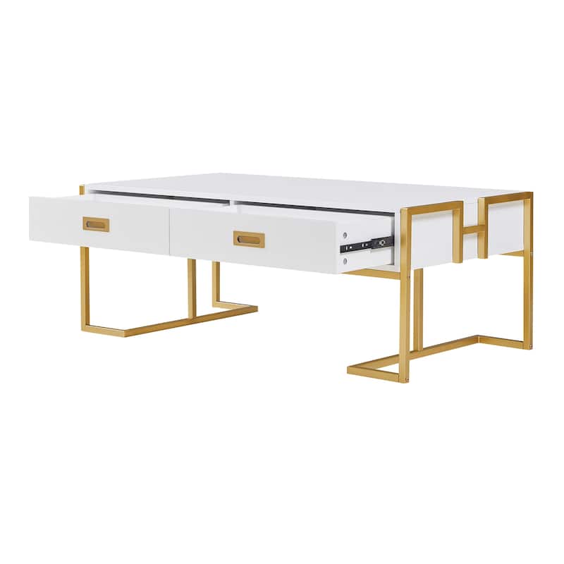 Modern Rectangular Coffee Table with 4 Drawers and Gold Base in 47.3"