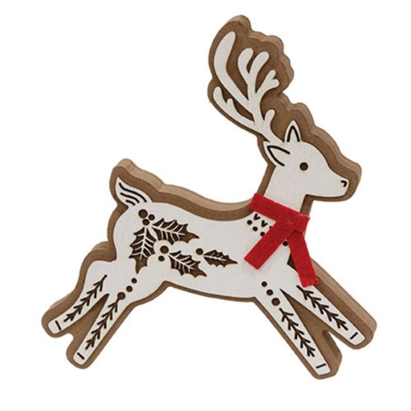 Rustic Laser Cut Reindeer Sitter with Holly Overlay - 6" x 1" x 6.50" - Leaping
