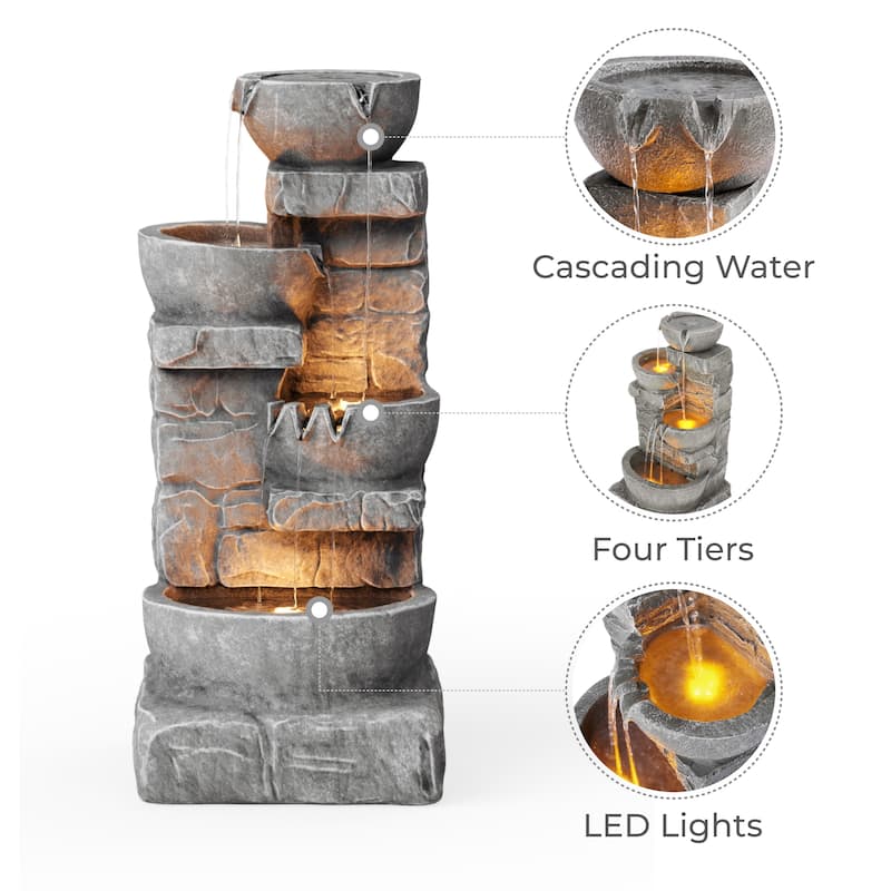 Teamson Home 3-Tier Stacked Stone Outdoor Water Fountain with LED Lights