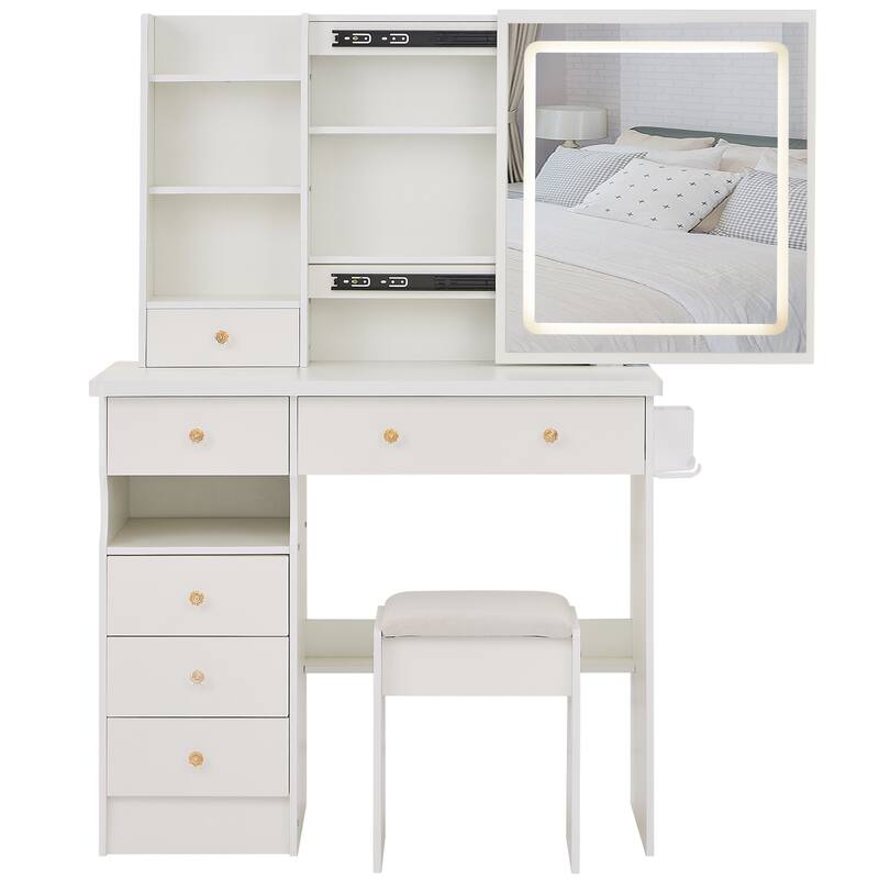 37" Middle Size Left Drawer Desktop Vanity Table + Cushioned Stool Dresser Set, Large Touch Control LED Sliding Mirror