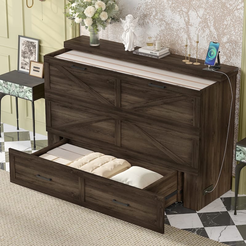Farmhouse Murphy Cabinet Bed with Charging Station, Foldable Platform Bed with Large Storage Drawer