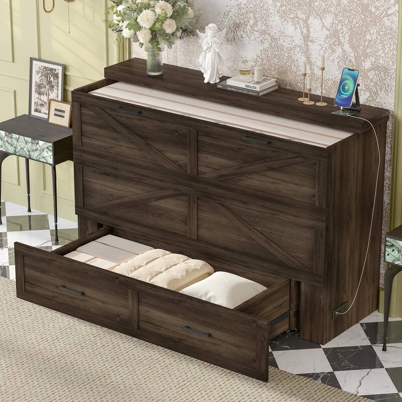 Roomfitters Queen Farmhouse Murphy Cabinet Bed with Charging Station, Foldable Platform Bed with Storage Drawer
