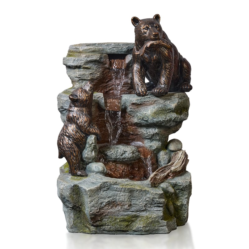 Vbal 3-Tier Outdoor Fountain with 2 Climbing Bears – Polyresin Rainforest Water Feature with Weather-Resistant