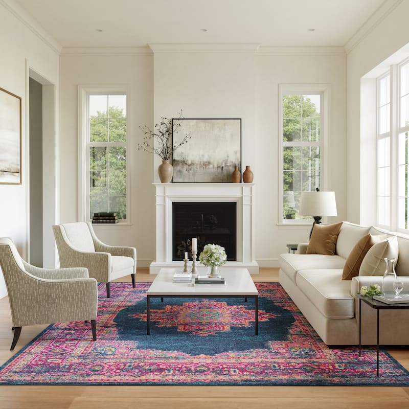 Porch & Den Dobbin Vintage Persian Medallion Farmhouse Area Rug - 6' 7" x 9' 6" - Blue/Pink