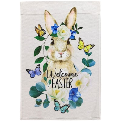 Bunny and Butterflies "Welcome Easter" Floral Outdoor Garden Flag 18" x 12.5"