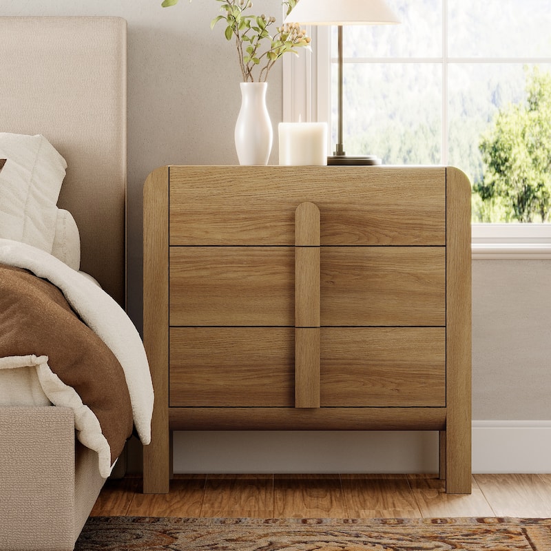 WAMPAT Modern Wood Nightstand With 3 Drawers ,31.5" Large Mid-Century End Table,Curved Bedside Table Storage Cabinet For Bedroom - Walnut - 3-drawer