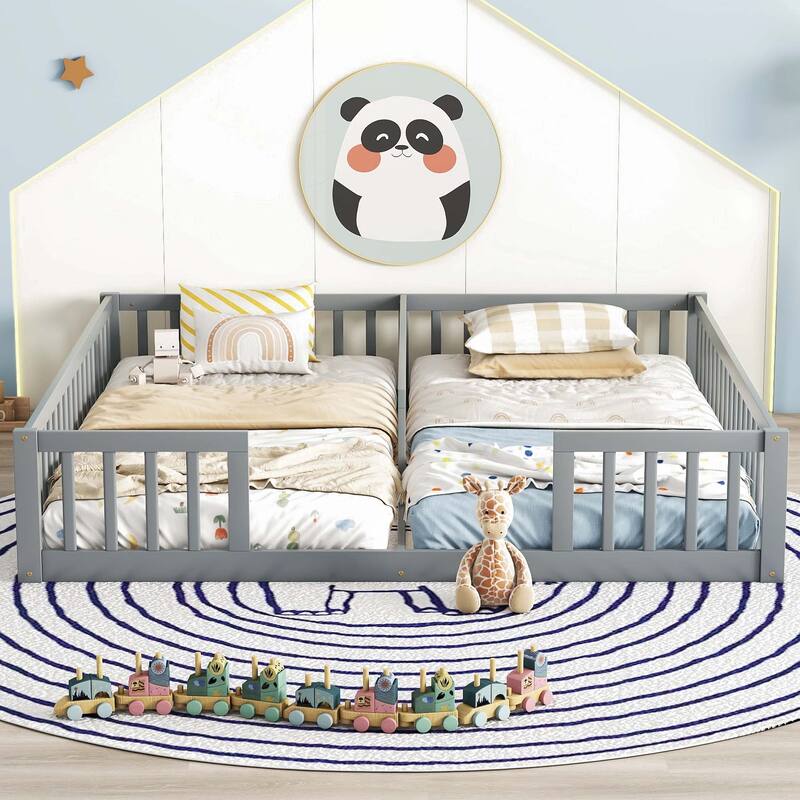 Double Twin Floor Bed with Fence and Guardrails, without door - Gray