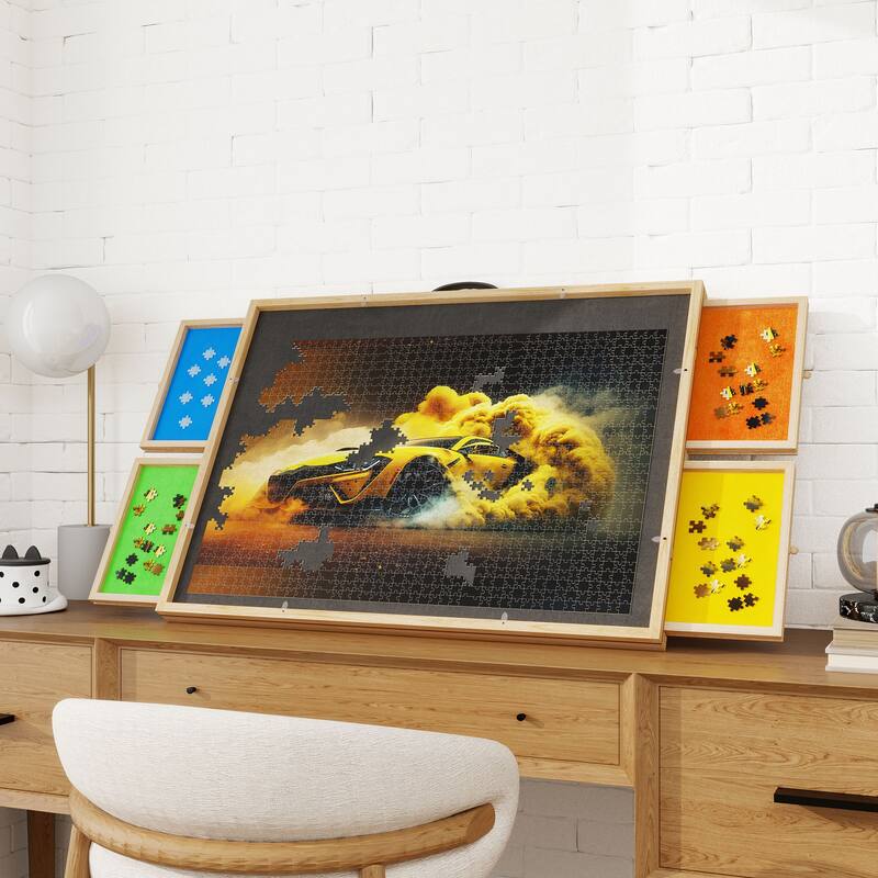 Moasis 1000 Piece Rotatable Puzzle Table with 4 Felt Drawers Natural Wood Finish