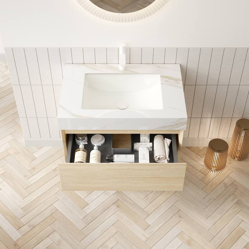 Floating Bathroom Vanity Cabinet with Ceramic Sink & Auto-Sensing LED Light, 30"/48" Sintered Stone Top Bathroom Vanity