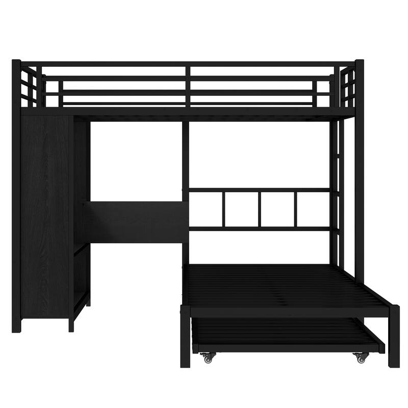 Roomfitters Twin/Full/Queen Metal Bunk Bed with Built-in Wardrobe, Trundle & Foldable Desk, Noise-Reduced Design, Black