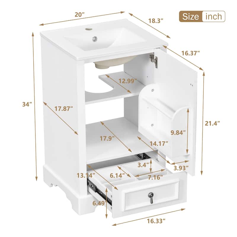 20" Bathroom Vanity with Ceramic Sink, Soft-Close Door, Drawer, Adjustable U-Shaped Shelf, Modern Freestanding Design
