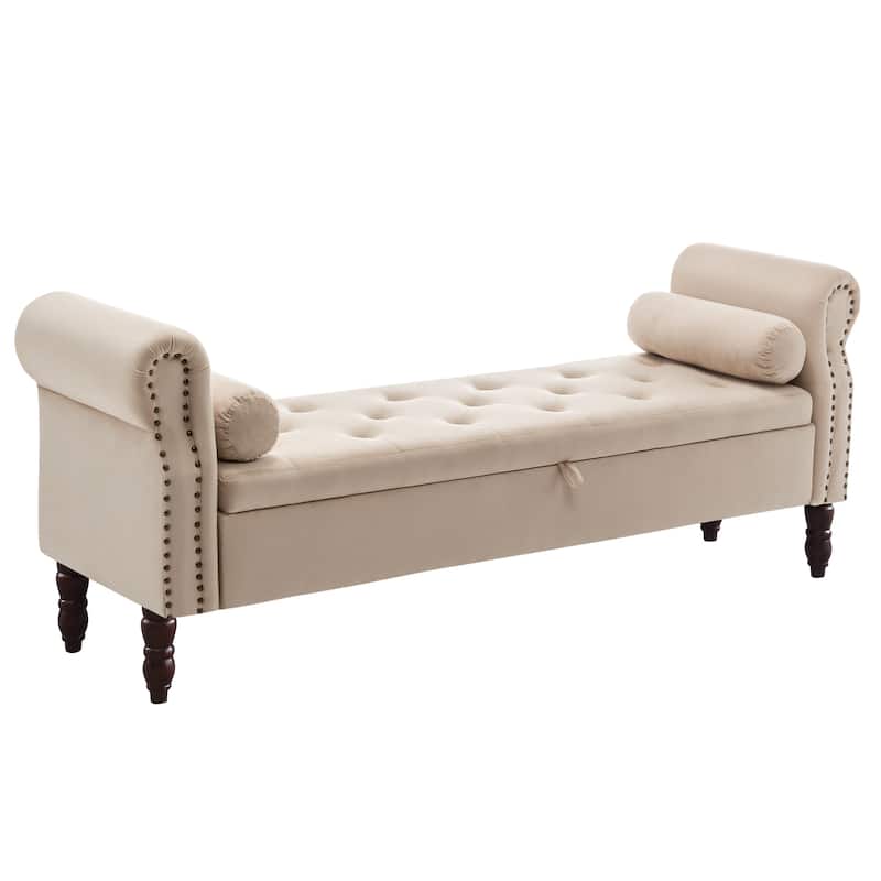 HOMYKA 66.9" Tufted Storage Bench with Rolled Arms Ottoman Long Bench - Velvet - Khaki