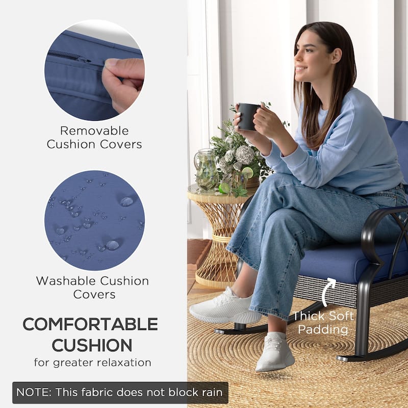 Outdoor Wicker Rocking Chair - Padded Cushions, Aluminum Frame and Armrests, Comfortable Porch Rocker with Armrests