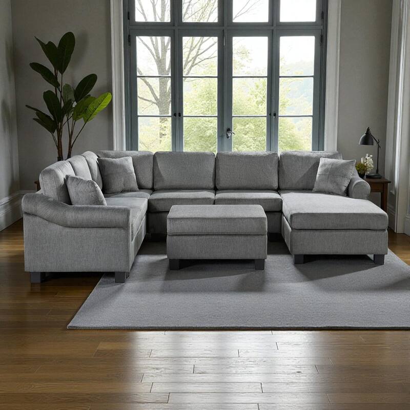 111.8" U-Shaped Chenille Sectional Sofa with Movable Storage Ottoman, Roll Arms and Accent Pillows for Living Room - Grey