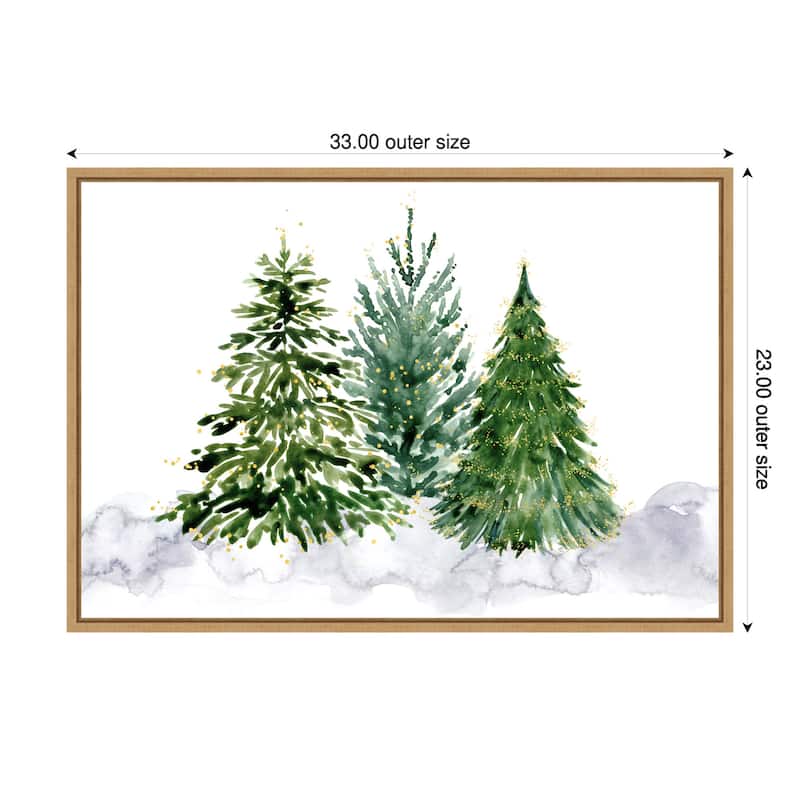 Three watercolor Christmas trees by Rosana Laiz Blursbyai Framed Canvas Wall Art Print - Natural