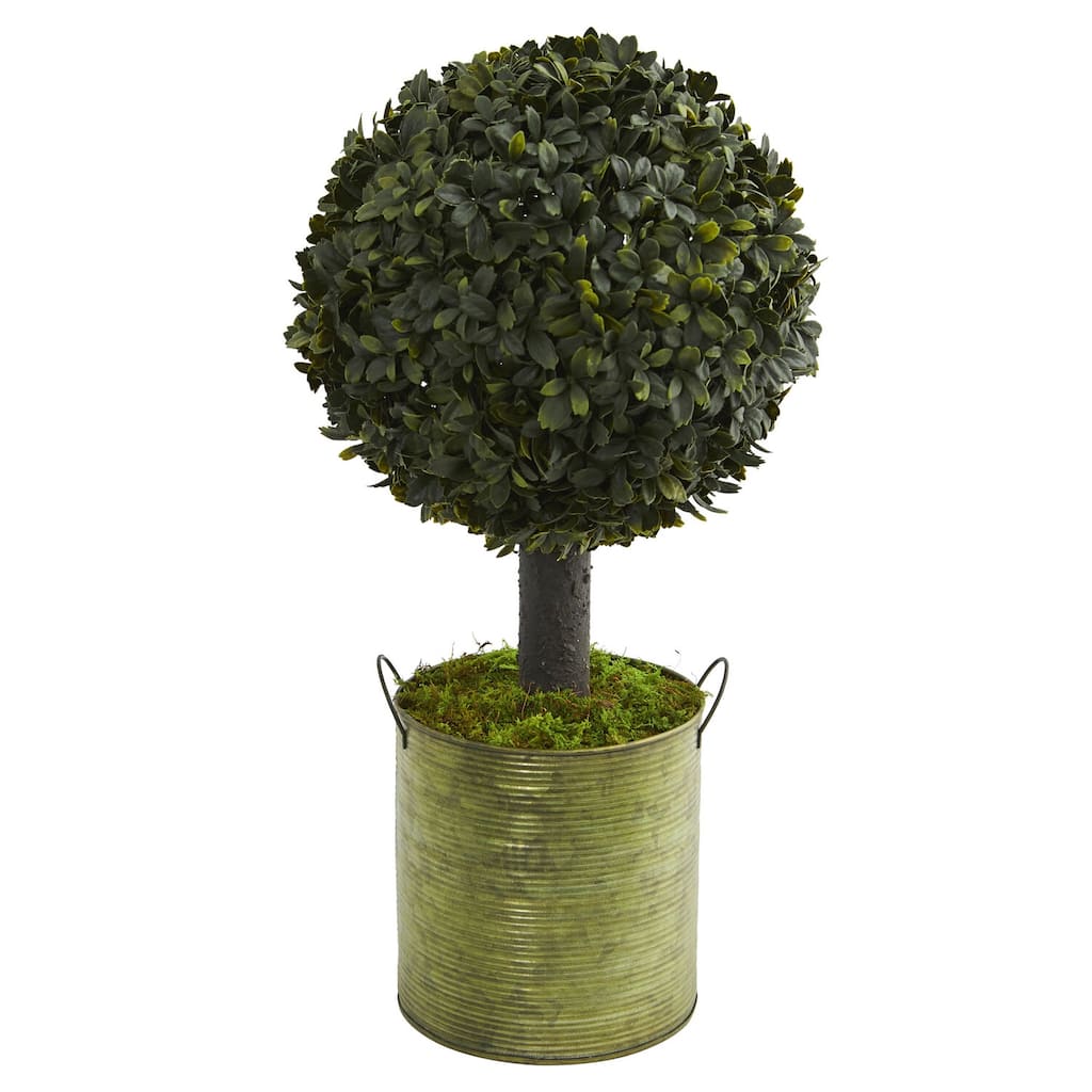 1.5ft Boxwood Ball Topiary Artificial Tree in Green Tin with UV Resistant Spherical Green Foliage for Patio or Home