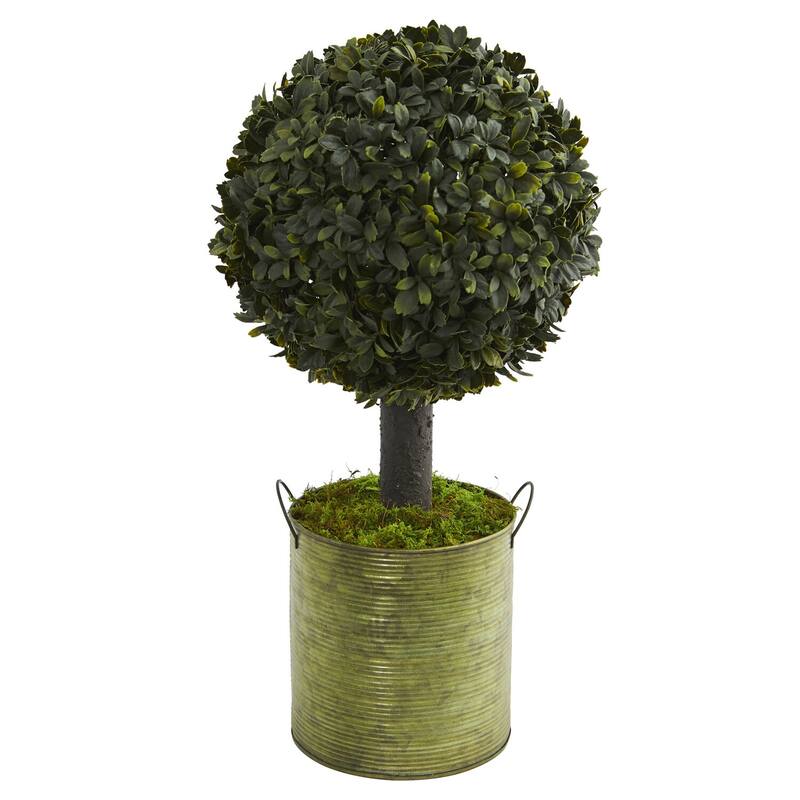 1.5ft Boxwood Ball Topiary Artificial Tree in Green Tin with UV Resistant Spherical Green Foliage for Patio or Home