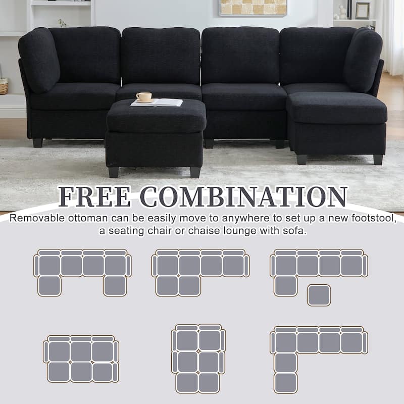 HOMEFUN 6-Seat Polyester Upholstered U-Shaped Modular Storage Sleeper Sectional Sofa with Storage Ottoman