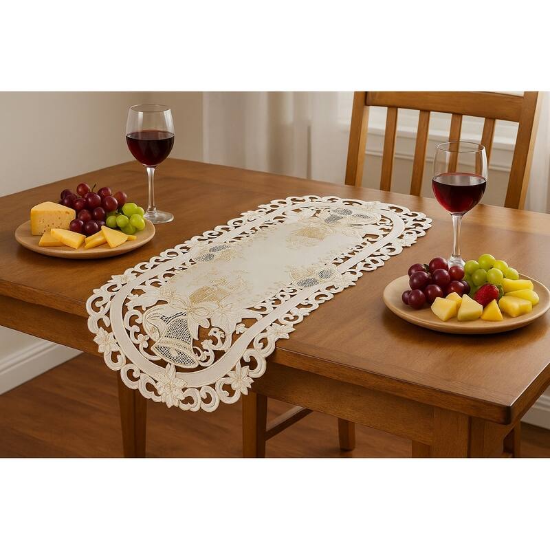 Christmas Candle Beige Lace Embroidered Cutwork Rectangular Table Runner, 13 by 27 inch