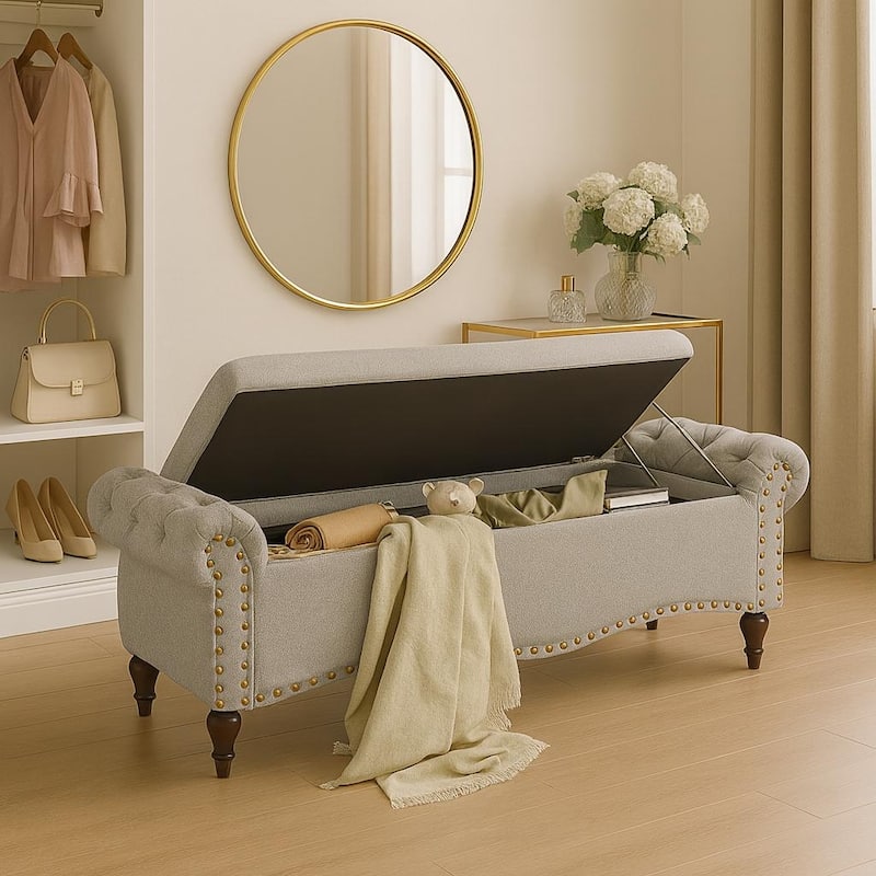 53 in Tufted Rolled Arm Storage Bench with Nailhead Trim
