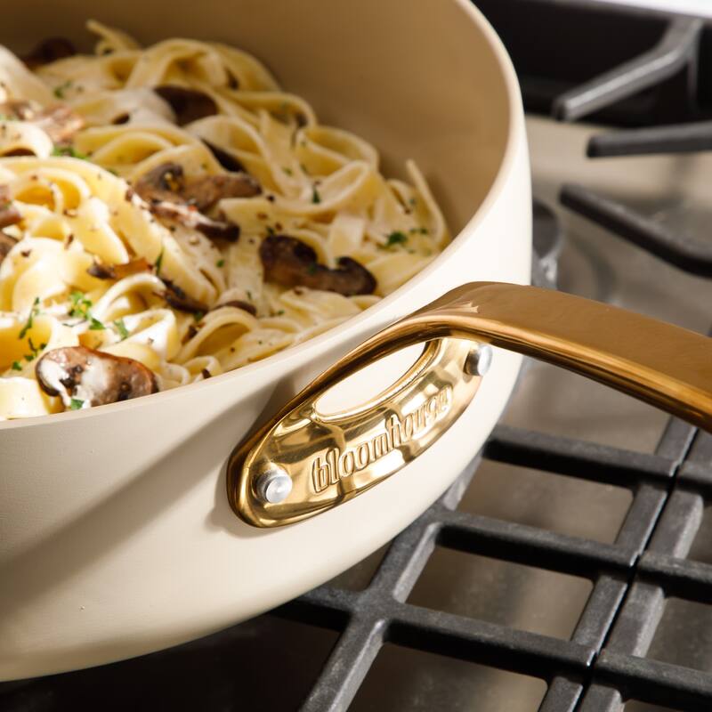 Bloomhouse 6 QT Heavy Duty Aluminum Premium PFA Free Ceramic Nonstick Frying Pan Skillet with Lid - Almond Cream