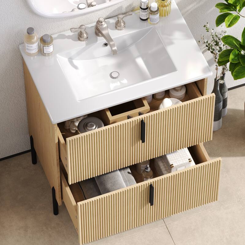 30" Bathroom Vanity with Ceramic Sink and Full-Extension Drawers, Soft Close Undermount Drawer Slides, Fluted Design