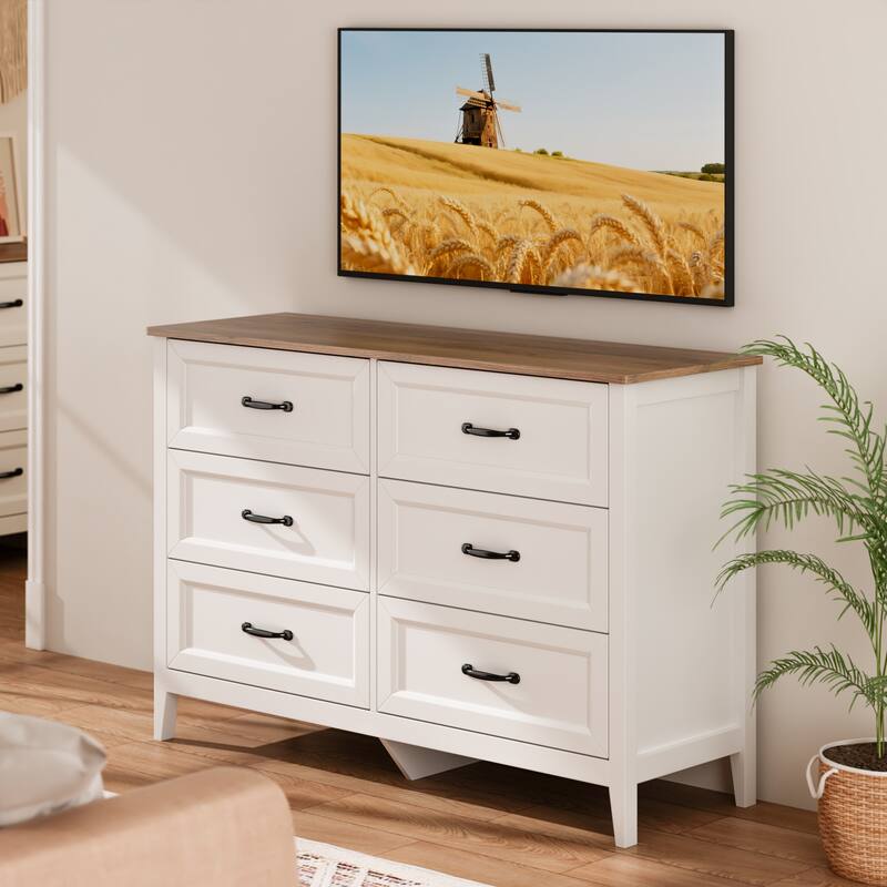 43.3" W 6 Drawer Dresser, Wood Storage Closet Dressers Chest of Drawers for Bedroom