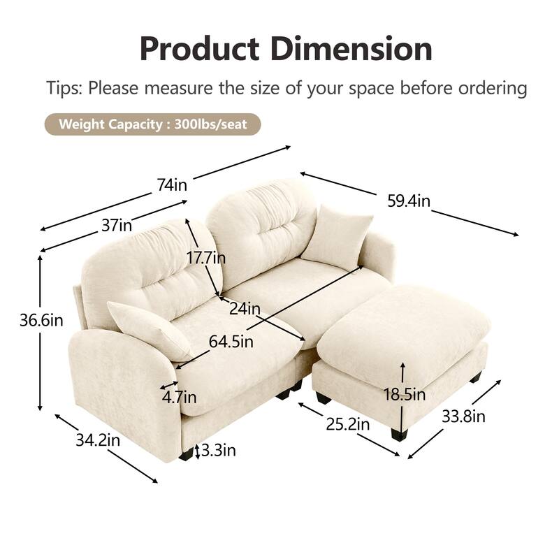 2 Seat Chenille Sofa Round Arms Sectional Sofa, Modern 74" Tufted Back Couch with Ottoman for Lving Room, Small Space