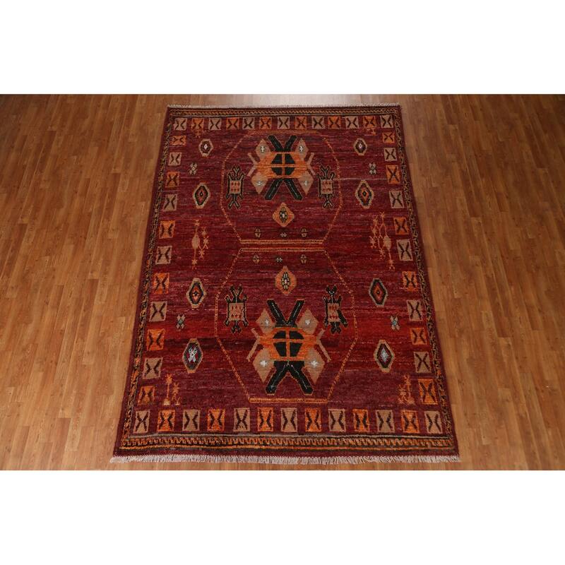Hand Knotted Oriental 100% Wool Carpet Modern Tribal Red Moroccan Area Rug - 9' 10'' X 6' 11''
