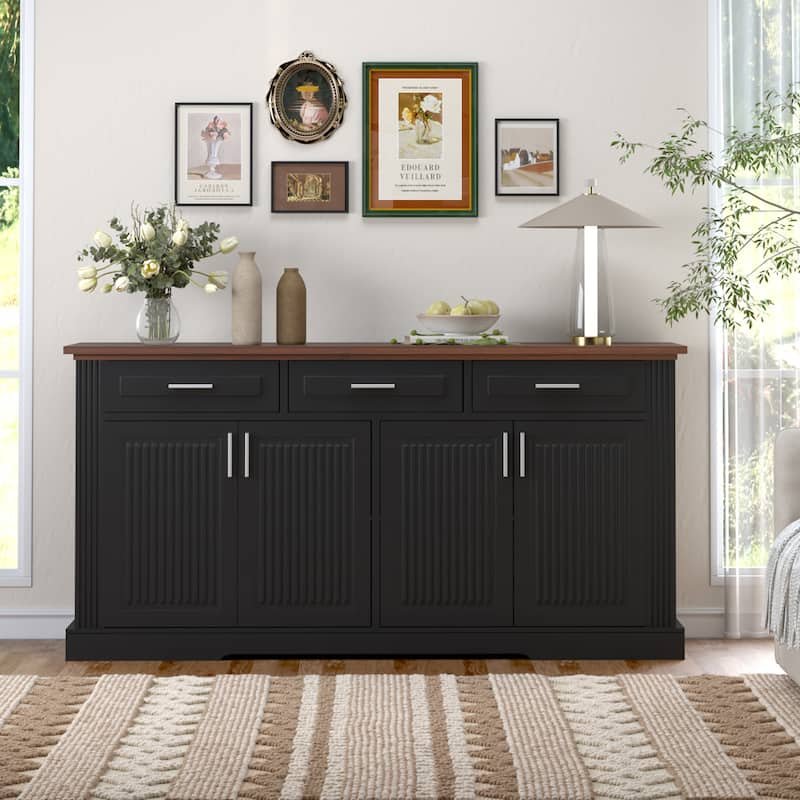 63" Fluted Farmhouse Credenza - Multi-Functional Storage Unit with Coffee Bar Top, 4 Cabinet Doors & 3 Organizational Drawers‌ - Black