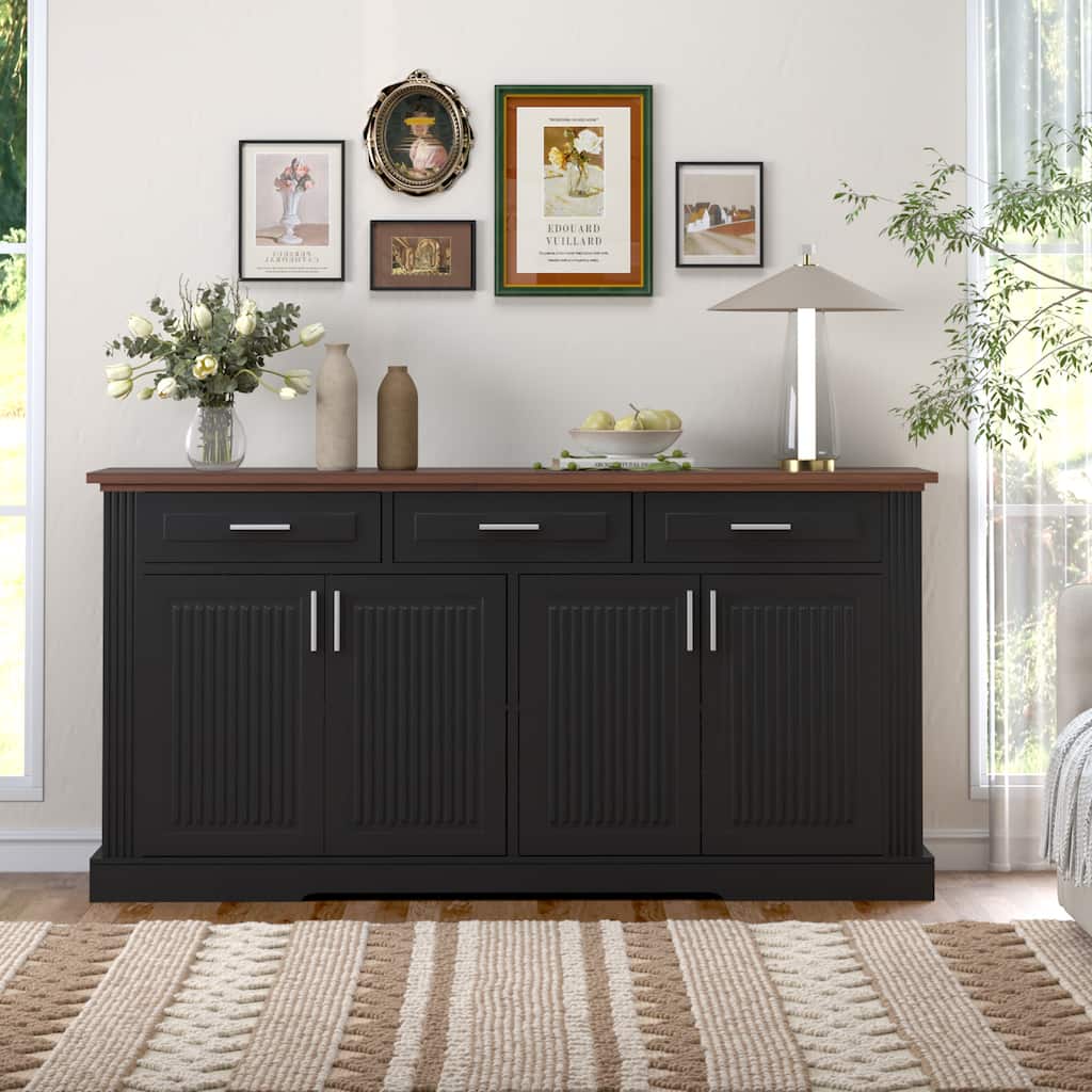 63 Inch Fluted Sideboard Buffet Cabinet with 4 Doors, 3 Drawers & Coffee Bar Station