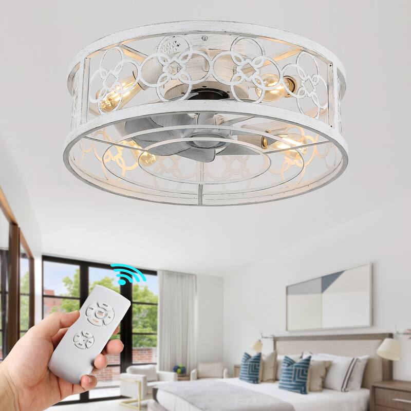 20" Oaks Aura Modern Farmhouse Distressed White Ceiling Fan with Light, Flush Mount Caged Ceiling Fan with Remote for Bedroom - Distressed White