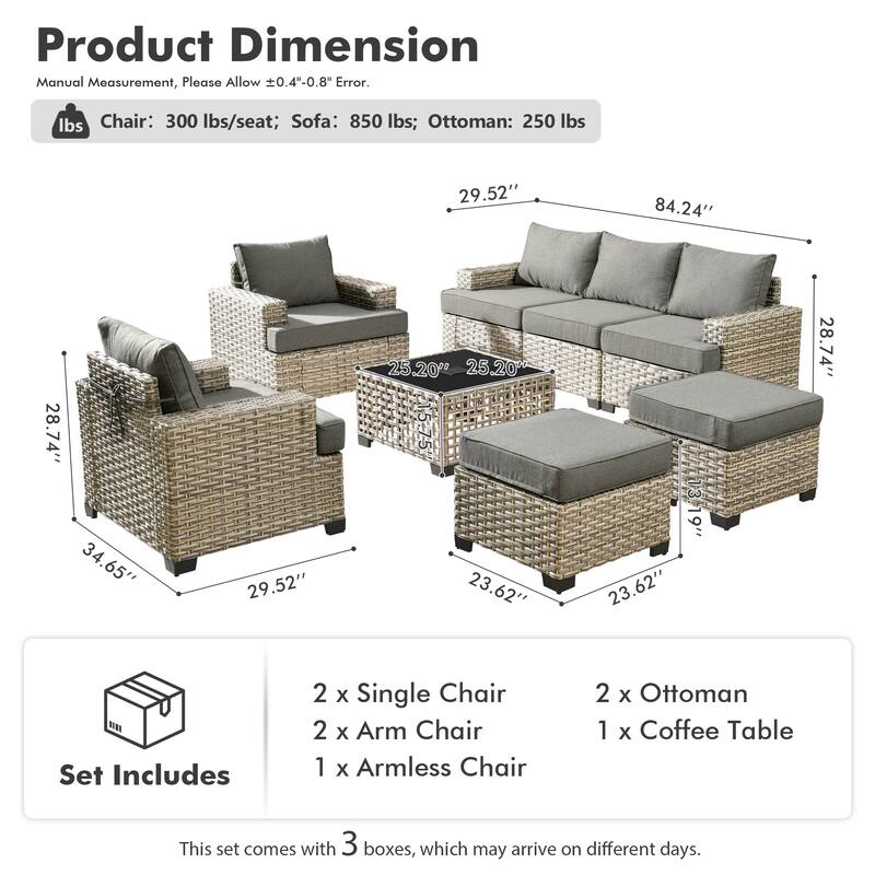 OVIOS 8 Pieces T shaped Seat Wide Armrest Set With Solar-Powered Coffee Table