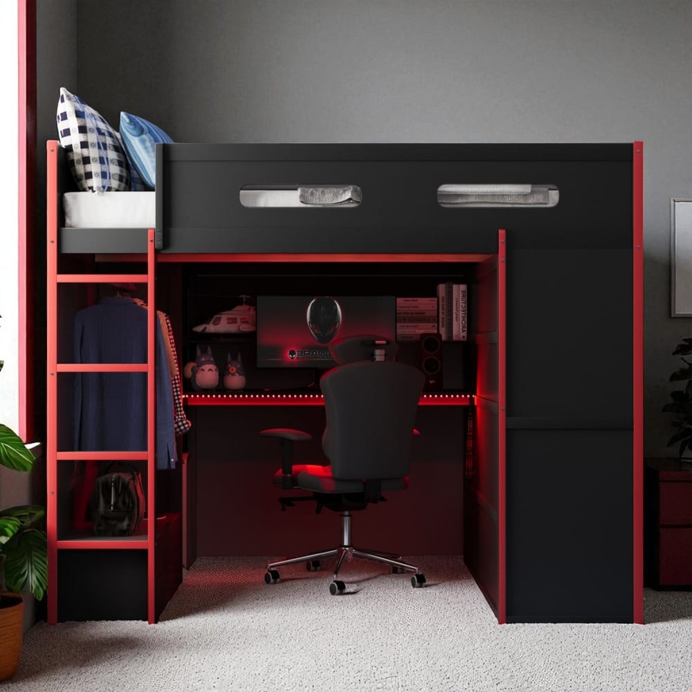 Full Size Loft Bed with Desk, RGB LED Lights, Wardrobes, Drawers and USB Charging Port for Teens and Gamers