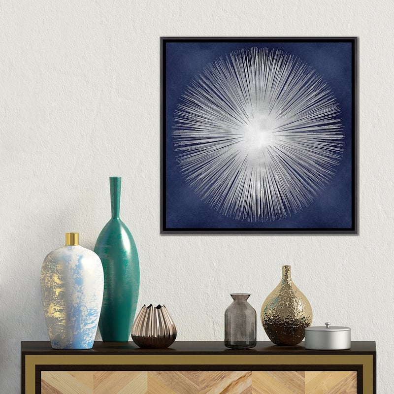 iCanvas "Silver Sunburst On Blue I" by Abby Young Framed
