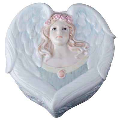 Charis 5.12" width ANGEL WITH ROSE HEAD WREATH TRINKET BOX multicolor Fine Porcelain