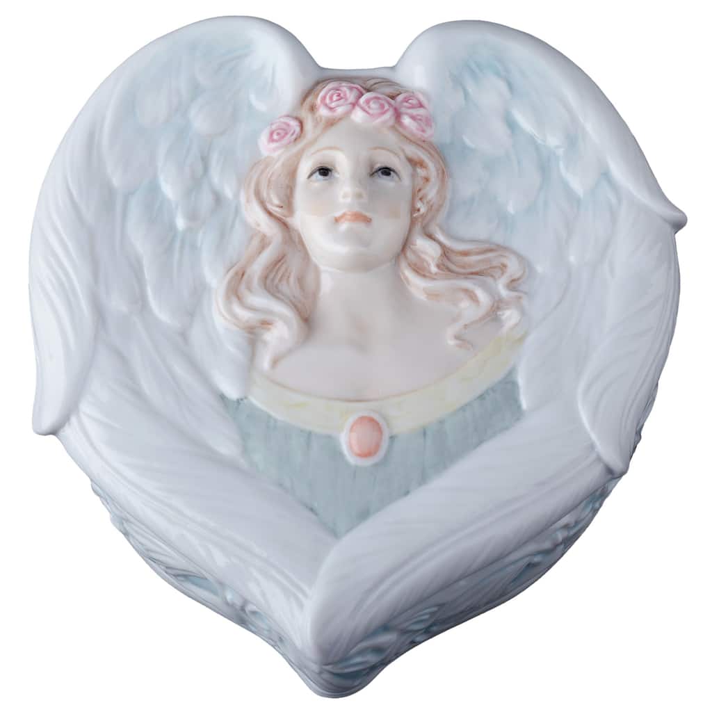 Charis 5.12" width ANGEL WITH ROSE HEAD WREATH TRINKET BOX multicolor Fine Porcelain