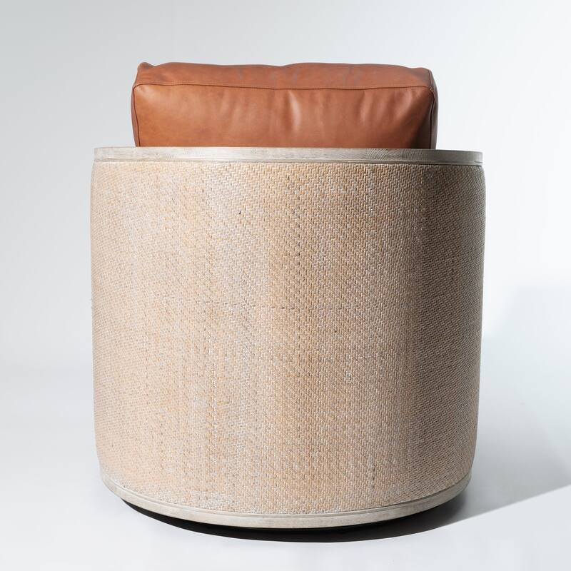 KINWELL 31"W Oak Frame Upholstered Swivel Barrel Armchair