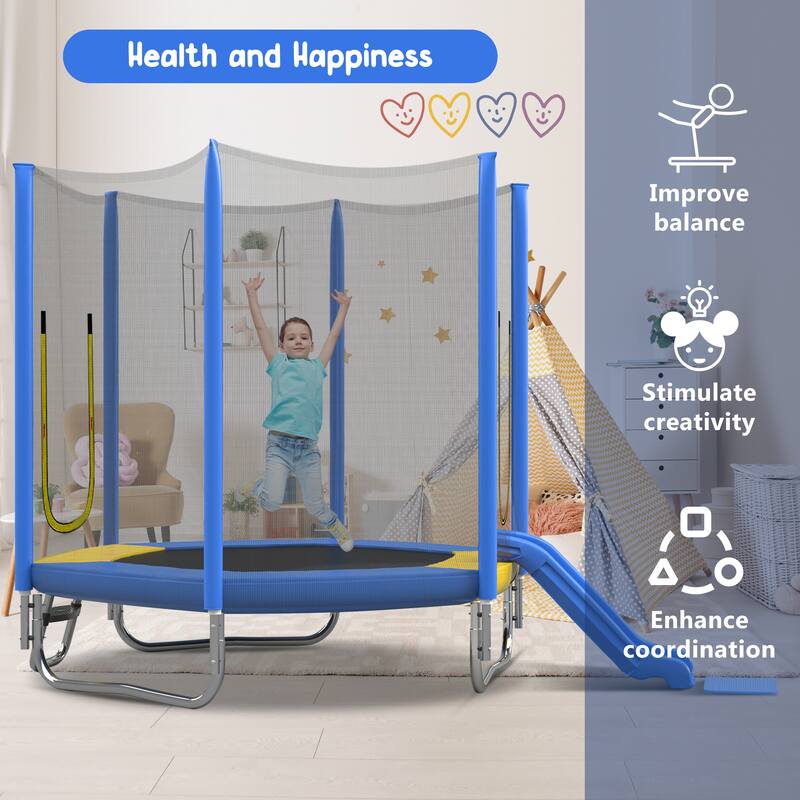 7FT Trampoline with Safety Enclosure Net, Slide and Ladder, Easy Assembly ,Regular Hexagon Outdoor Recreational Trampoline