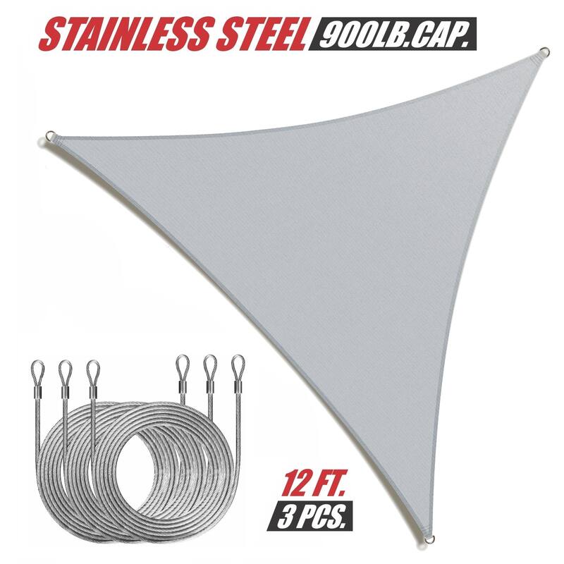 ColourTreeUSA Triangle Sun Shade Sail w/Cable Ropes HDPE Mesh Fabric Screen Canopy UV Block 190 GSM - 32' x 32' x 32' - Gray