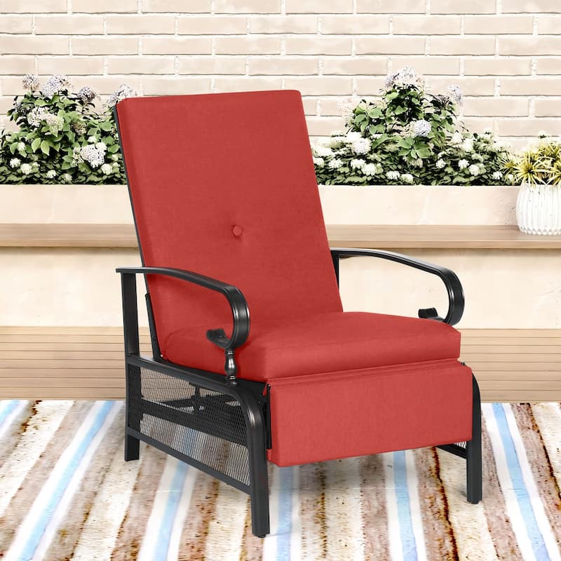 Outdoor Metal Patio Adjustable Recliner Lounge Chair & Bistro Table Set, Retractable Steel Frame and Removable Thick Cushion - Red
