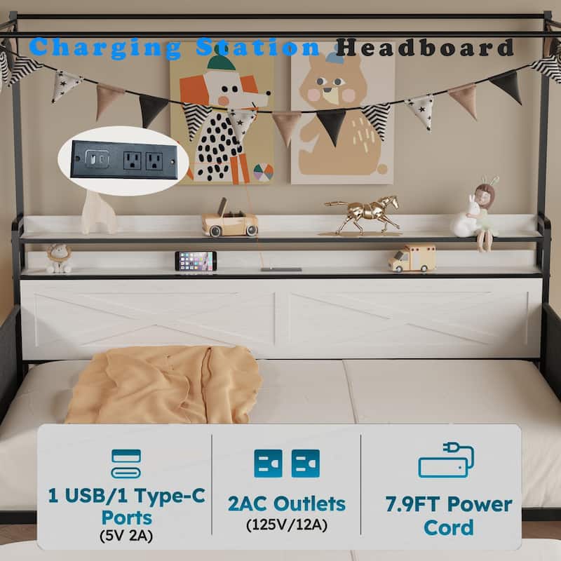 Twin Daybed with Trundle, Metal Daybed Frame with LED Lights and Charging Station, Guardrail Design