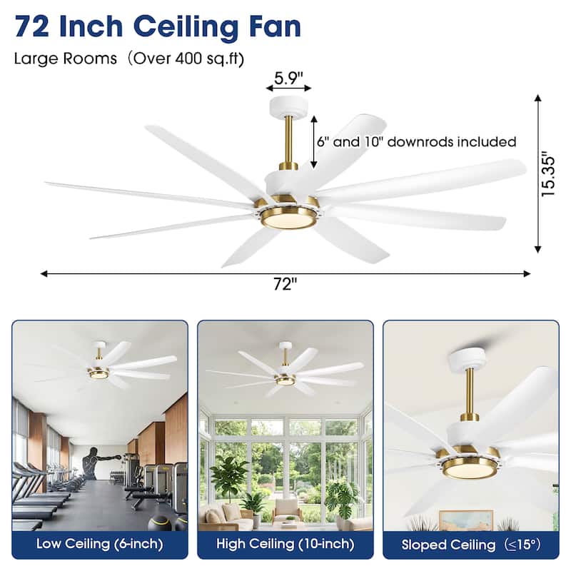 72" White Modern ABS 8-Blade DC Motor Ceiling Fan with Dimmable LED Light and Remote
