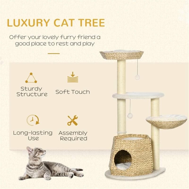 Multi-Level Cat Tree with Soft Cushions, Sisal Posts & Hanging Balls for Cats Under 10 lbs - 19.75" L x 19.75" W x 46.75" H