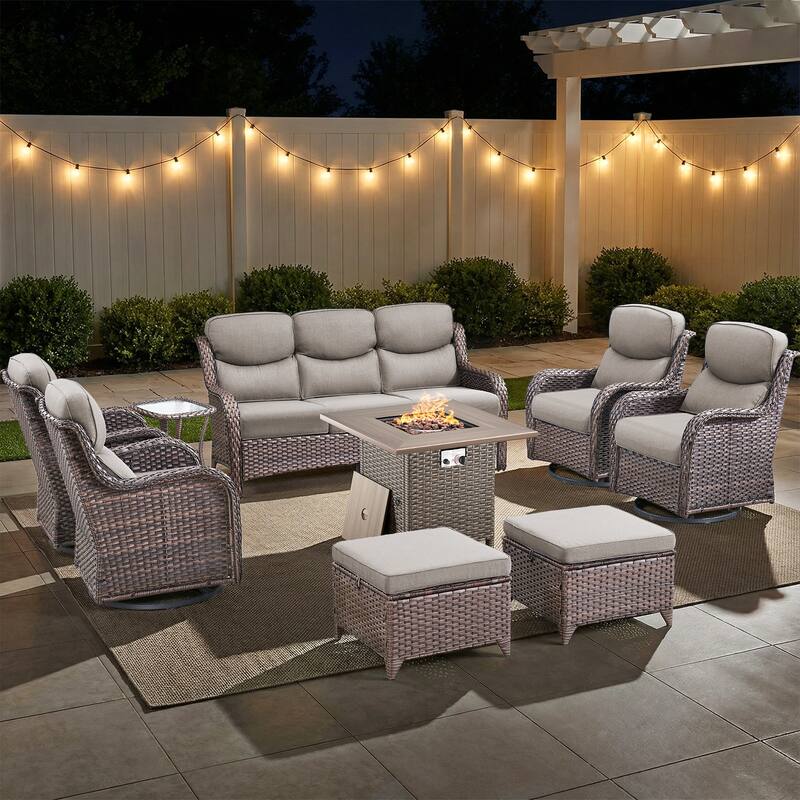 Pocassy Outdoor Propane Fire Table w/ Sofa Swivel Chair Ottoman Funiture Set. - Brown Wicker Gray Cushion - 9-Piece Sofa Swivel Chair Ottoman w/ Fie Table