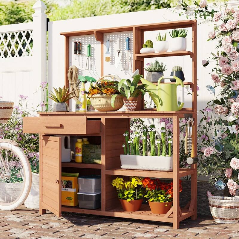 Fir Wood Potting Bench with Hutch, Garden Workstation for Planting, 4 Shelves & Adjustable Storage,with Hooks, 50.2''Countertop - Permanent