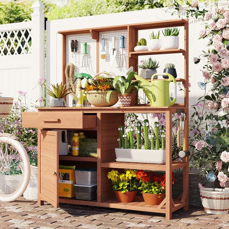 Fir Wood Potting Bench with Hutch, Garden Workstation for Planting with 4 Shelves - Brown