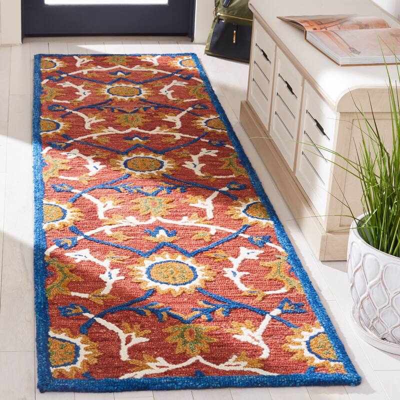 SAFAVIEH Handmade Blossom Rositza Floral Wool Rug - 2'3" x 8' Runner - Rust/Blue